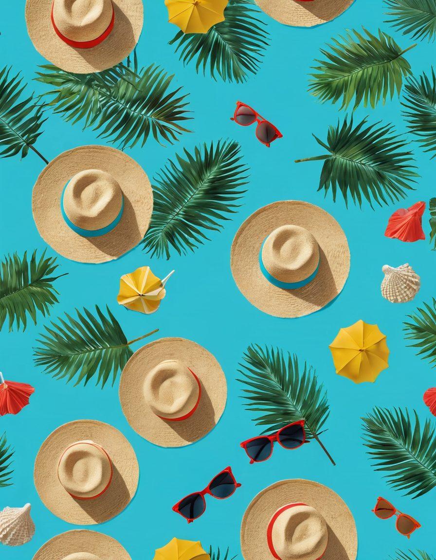 A vibrant beach scene featuring stylish beachwear essentials like colorful swimsuits, hats, and sunglasses laid on a sandy beach, with a bright azure sky and turquoise waves in the background. Include a tropical drink with an umbrella and seashells scattered around to convey summer vibes. The scene is lively with sunbathers and swaying palm trees. super-realistic. vibrant colors. sunny atmosphere.