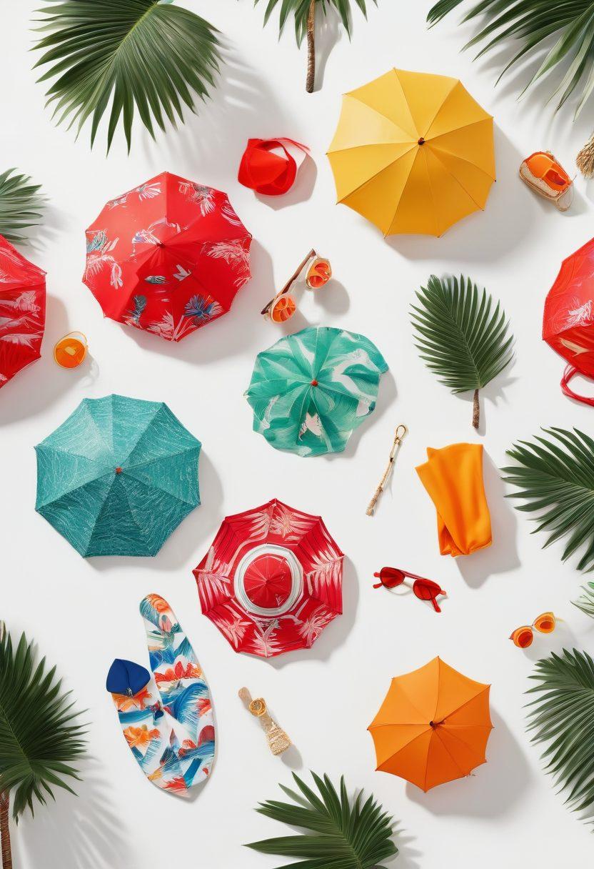 A sunny beach scene featuring diverse beachgoers flaunting various stylish swimwear options, vivid colors, and playful patterns. Include elements like surfboards, beach umbrellas, and palm trees in the background. Capture the essence of coastal fashion with accessories like sunglasses and hats. Emphasize vibrant summer vibes and a joyous atmosphere. super-realistic. vibrant colors. white background.